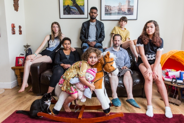 Family of: Sahar Awad from Sudan and her husband from Italy, Stefano Scarpa, Their two daughters are, on the far right, Nuala (12) and on the horse Sofia (4). Middle back is Akram Ibrahim who came to England as a  refugee, after suffering torture at the hands of the Sudanese government, by boat and overland via Libya and France and is now living legally with the family. On holiday with the family are Stefano's niece, Lucia and nephew, Marco.